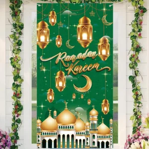 Elegant Ramadan Mubarak Banner 100% Polyester 5.9×2.95ft Custom Size Door & Porch Decor OEM Custom Ramadan Party Supplies