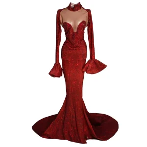 Elegant Red Prom Party Rhinestone Dress Dinner Gown Drag Queen Show Festival Costume Women Formal Banquet Evening Mermaid Dress