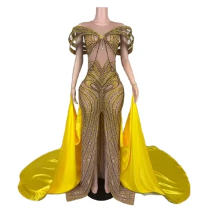 Elegant Rhinestone Birthday Party Evening Mermaid Trailing Dress Women Pageant Gown Prom Banquet Long Dress Singer Stage Wear