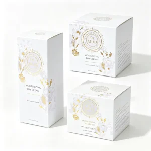 Elegant White Rigid Box Packaging Boxes Custom with Gold Embossed Floral Design Matte Finish for Premium Beauty Products