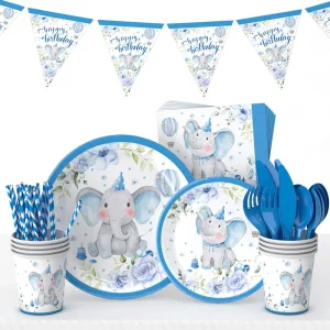 Elephant themed Baby Party Paper Plate Paper Cup and Tableware Set for Gender Revelation in Blue Cute Style