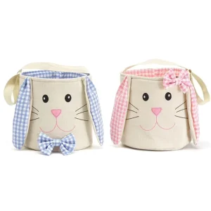 Embroidered Easter Kids Fabric Basket Floppy Gingham Ear Canvas Easter Bunny Bag