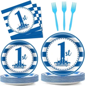 Embroidered Embossed Disposable Plates Blue Theme Baby Boy 1st Birthday Party Tableware Decoration Supplies