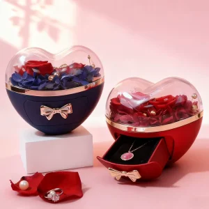 Eternal Roses Heart Jewelry Box Real Preserved Flowers with Engagement Ring Tray Romantic Proposal Gift for Her