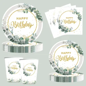 Eucalyptus themed Happy Birthday Party Tableware Baby Shower Party Decorations Disposable Paper Plates Cups Green Gold Set