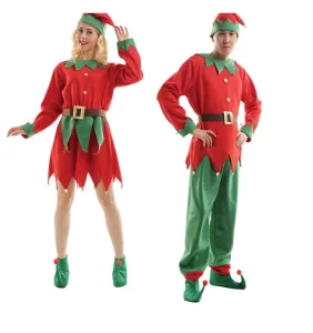 European American Adult Christmas Costume Elf Suit Red Green Color Cosplay