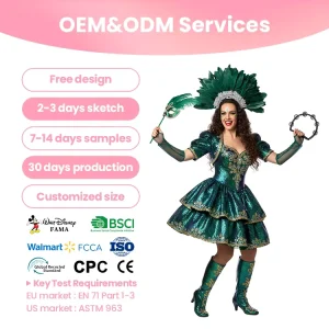FAMA Certified Adult Green Sequin Carnival Costume Feather Headdress Mask Tambourine Mardi Gras 100% Polyester Custom