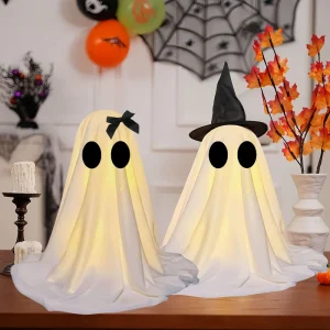 Fabric Halloween Light Up Ghost with Battery Box Cloth Glowing Ghost Figures for Desktop