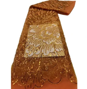 Fabric Luxury Orange Mesh Lace Full Peony Crystal Beaded Sequins Tulle for Dubai Bridal Evening Party Formal Outfit