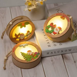 Factory Christmas Wooden Light Up Ornaments LED Glowing Round Atmosphere Decorations Xmas Tree Hanging Pendant for Holiday Home