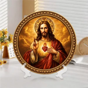 Factory Custom 3D Relief Resin Catholic Religious Round Decorative Plate for Wall Hanging Ornament
