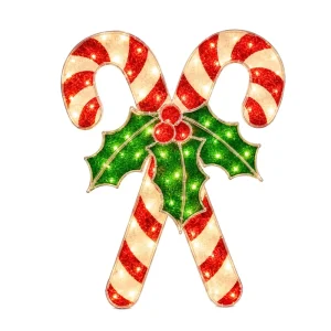 Factory Direct 2D LED Double Christmas Candy Cane Light with Holly Motif Outdoor Tinsel Window Wall Decor IP44