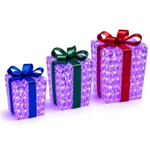 Factory Direct 3D LED Christmas Purple Crystal Gift Box Lights Set of 3 Outdoor Holiday Decor IP66 Bulk