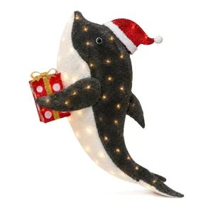 Factory Direct 3D LED Christmas Whale Light with Santa Hat Holding Gift Box Outdoor Tinsel Holiday Decor IP44 Bulk