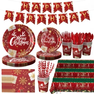 Factory Direct Christmas Disposable Tableware Set with Plates Cups Napkins for Holiday Dinner