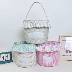 Factory Direct Sale Printing Ruffle Cute Rabbit Plaid Large Easter Bucket Candy Gingham Raster Baskets