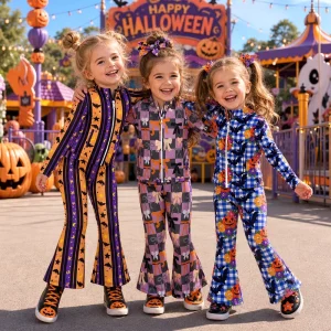 Factory Direct Sales Children’s Halloween Costume Zipper Pocket Jacket Flare Pants Print Girls Clothing Sets