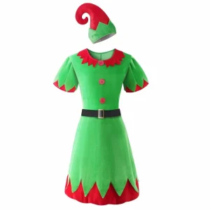 Factory Direct Women Green Red Elf Dress Soft Lightweight Polyester Party Ready Festive Holiday Christmas Elf Costume