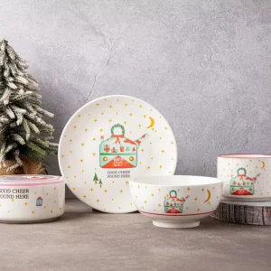 Factory Elegant Christmas Themed Portable Ceramic Dinnerware Sets Dishwasher Safe Home Kitchen Dining