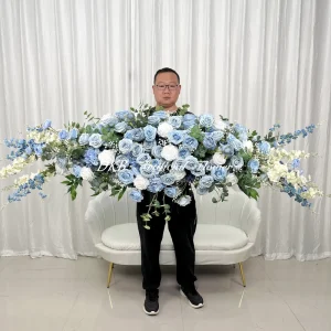 Factory High Quality Artificial Silk Flower Table Runner Royal Blue and White Roses Plant Mixed Wedding Floral Arrangement Decor