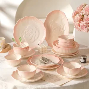 Factory Is Selling Well European Design Rose Embossed Ceramic Dinnerware Set Dinner Bowls Plates Gradient Pink Glazed