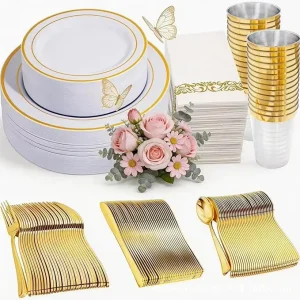 Factory Luxury Gold Rim Disposable Plastic Dinnerware Set with Cutlery Cups Napkins for Wedding Party Banquet Table Decoration