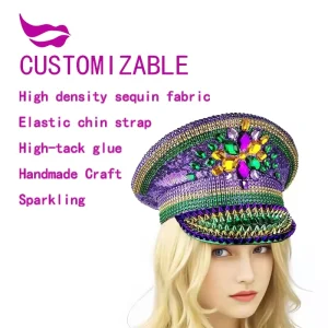 Factory Mardi Gras Festival Accessory Purple Green Gold Sequin Captain Hat Outdoor Parade Party Costume Headwear