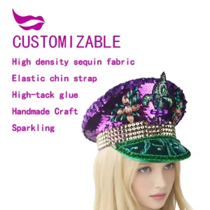 Factory Mardi Gras New Orleans Costume Party Hat Purple Green Golden Sequin Captain Hat Iris Flower Burning Man Outdoor