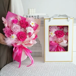 Factory Preserved Pink Dried Flowers Bouquet Shape 40cm for Valentine’s Day Mother’s Day Thanksgiving Decorative