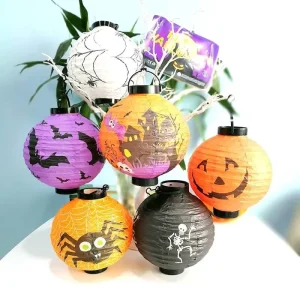 Factory Price 8inch Handmade Illuminated LED Folding Paper Lantern Spider Pumpkin Ghost Design Halloween Party Decoration