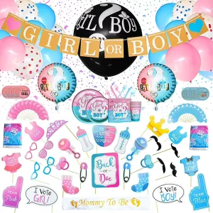 Factory Price Boy Girl Gender Reveal Confetti Balloon Paper Banner Disposable Tableware Baby Shower Party Decoration Kit