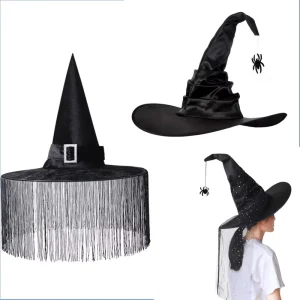 Factory Price Halloween Pleated Witch Hat Party Supplies for Festival Ballroom Costume Black Spider Tassel Witch Hat