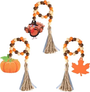 Factory Price Reusable Indoor Use Fall Autumn Home Party Tray Decor Thanksgiving Schima Wood Bead Garland Tassel Leaf Pumpkin