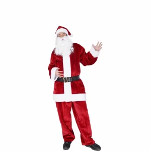 Factory Red Men’s Seasonal Festive Santa Claus Costume Set Soft Velvet Polyester Stitching OEM ODM
