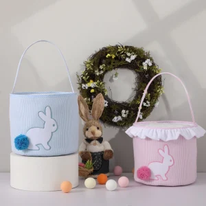 Factory Striped Seersucker Canvas Rabbit Round Child Durable Easter Egg Decoration Candy Storage Basket Indoor