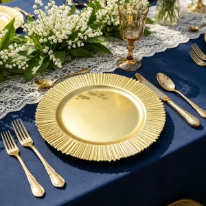 Factory Supply Premium Gold Sunburst Pattern Round Charger Plates for Festive Tableware Use