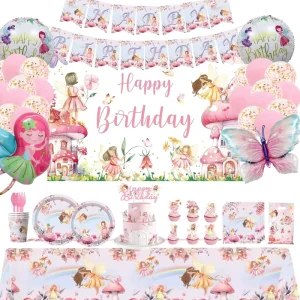 Fairy First Birthday Decorations Tableware Balloon Tablecloth Cake Topper and Banner Forest Garden Fairy Birthday Party Supplies