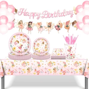 Fairy Party Supplies Floral Paper Plates Cups Napkins Disposable Tableware Set for Kids Girls Birthday Party Decorations