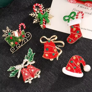 Fashion Christmas Series Cartoon Alloy Brooch Micro Inlaid Rhinestone Bell Sleigh Pin Commemorative Badge Custom