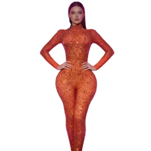 Fashion Long Sleeves Rhinestone Jumpsuits Plus Size Women Club Skinny Bodysuit Singer Dancer Performance Rompers Festival Outfit