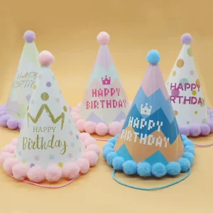 Fashionable Pastel Pom Pom Party Cone Hats Thickened Creative Furry Ball Caps for Baby 1st Birthday & Adults