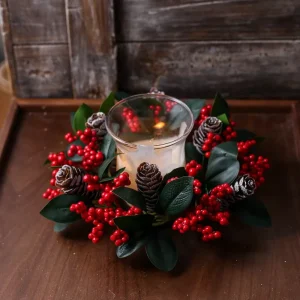 Fast Delivery Artificial Christmas Candle Ring Red Berry & Holly Wreath with Pinecones for Table Decor Door Hanging Garland