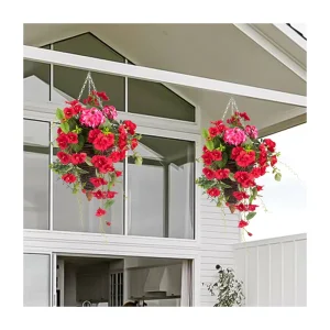 Faux Silk Flowers in Hanging Cone Hand Woven Rattan Basket Outdoor Indoor Patio Lawn Garden Decor