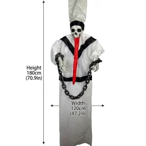 Fear Magnet 6FT Life Size Hanging Halloween Ghost Skeleton White Robe Prop Red Tongue & Chains Haunted House Decor 180cm