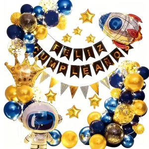 Feliz Cumpleanos Fish Tail Banner Space Theme Birthday Party Decorations Balloon Set Astronaut Rocket Aluminum Foil Balloons