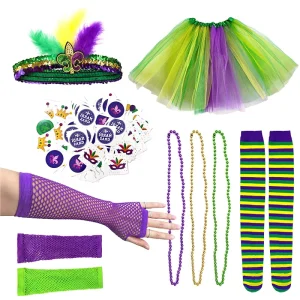 Festival Inspired Fleur De Lis Feather Cosplay Outfit Polyester Tutu Fishnet Gloves Set for Adult Halloween Party