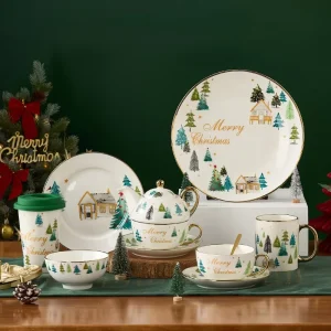 Festival Tableware with Plates and Mugs Christmas Dinnerware Holiday Design Ceramic Dinnerware Sets Plates and Bowls Set
