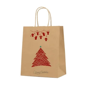 Festive Cheer Custom Logo Paper Bags with Twisted Paper Rope Handles Lively Holiday Design on Classic Brown Kraft Paper