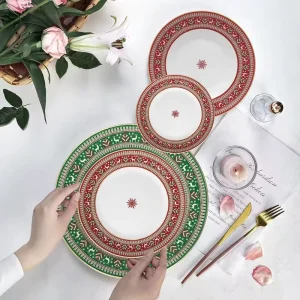 Festive Christmas Bone China Dinnerware Set Red Holiday Design with Gold Rim Ceramic Plates Charger Tableware