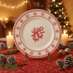 Festive Christmas Ceramic Dinner Plate with Red Bells and Snowflakes Pattern Holiday Tableware